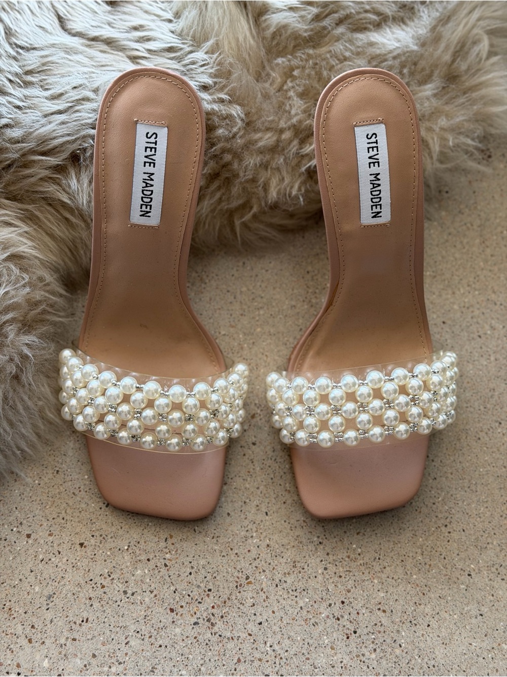 Steve Madden Sift Nude Pearl Embellished Slide Mule Heels